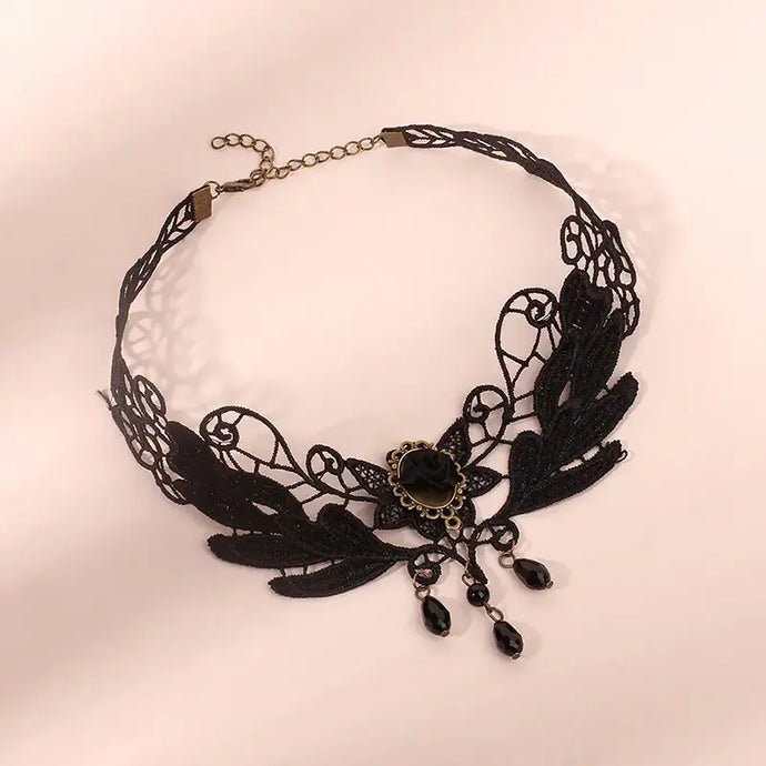 Black Gothic Vintage Rose Design Lace Choker Necklace