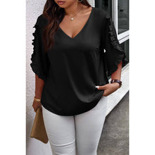 Black Solid Plus V Neck Ruffle Trim Petal Sleeve Blouse