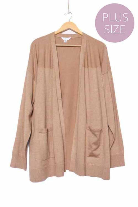 Mocha Splash Plus Long Sleeve Open Front Lightweight Knit Cardigan