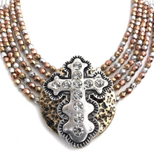 Patina Cross Western Multi-Strand Wired Necklace Earring Set: