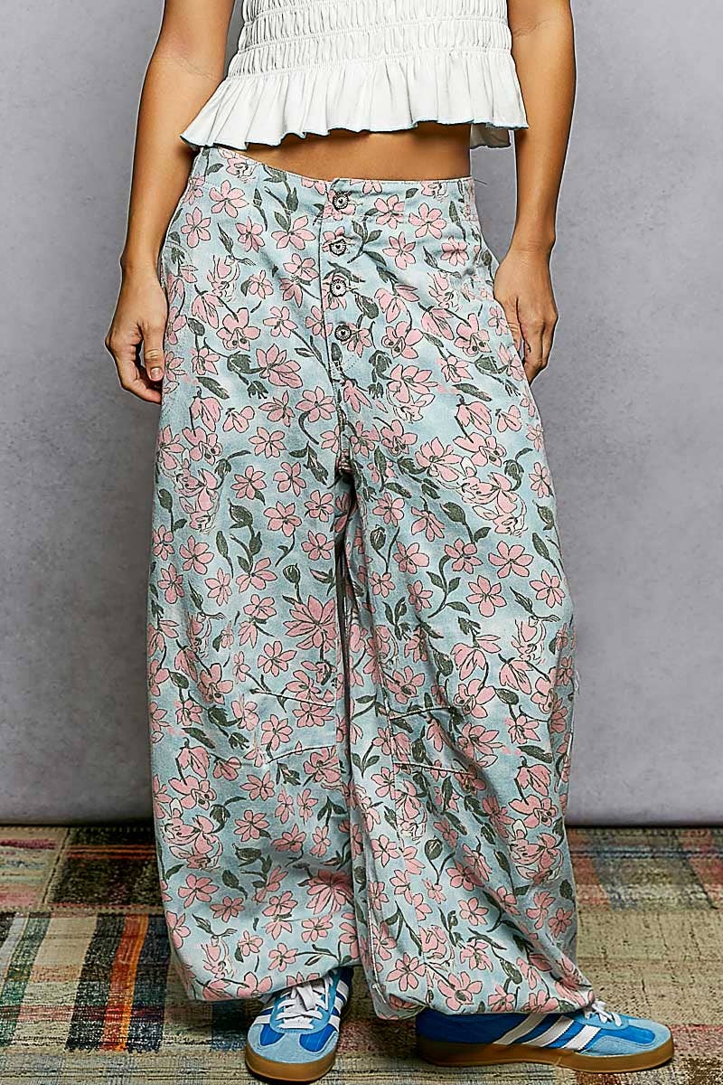 Sky Multi Vintage Washing Printed Twill Relaxed Fit Floral POL Pants