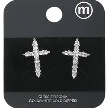Yellow Gold Dipped Cross CZ Stone Stud Earrings