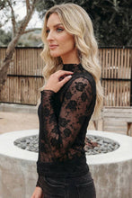 Black Sheer Floral Lace Mesh Mock Neck Long Sleeve Top