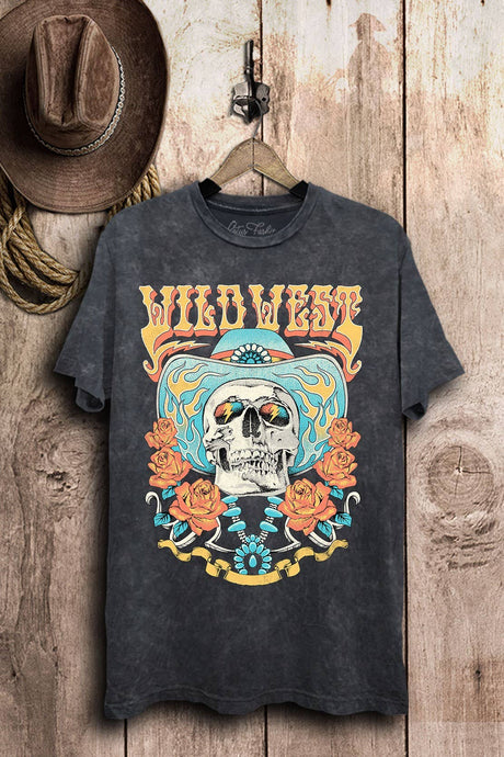 Vintage Black Mineral Wash Wild West Cowboy Skull Graphic Top