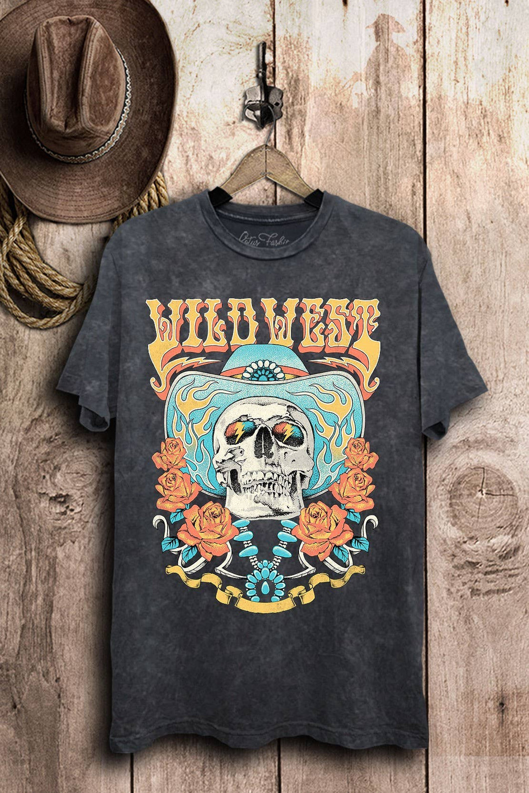 Vintage Black Mineral Wash Wild West Cowboy Skull Graphic Top
