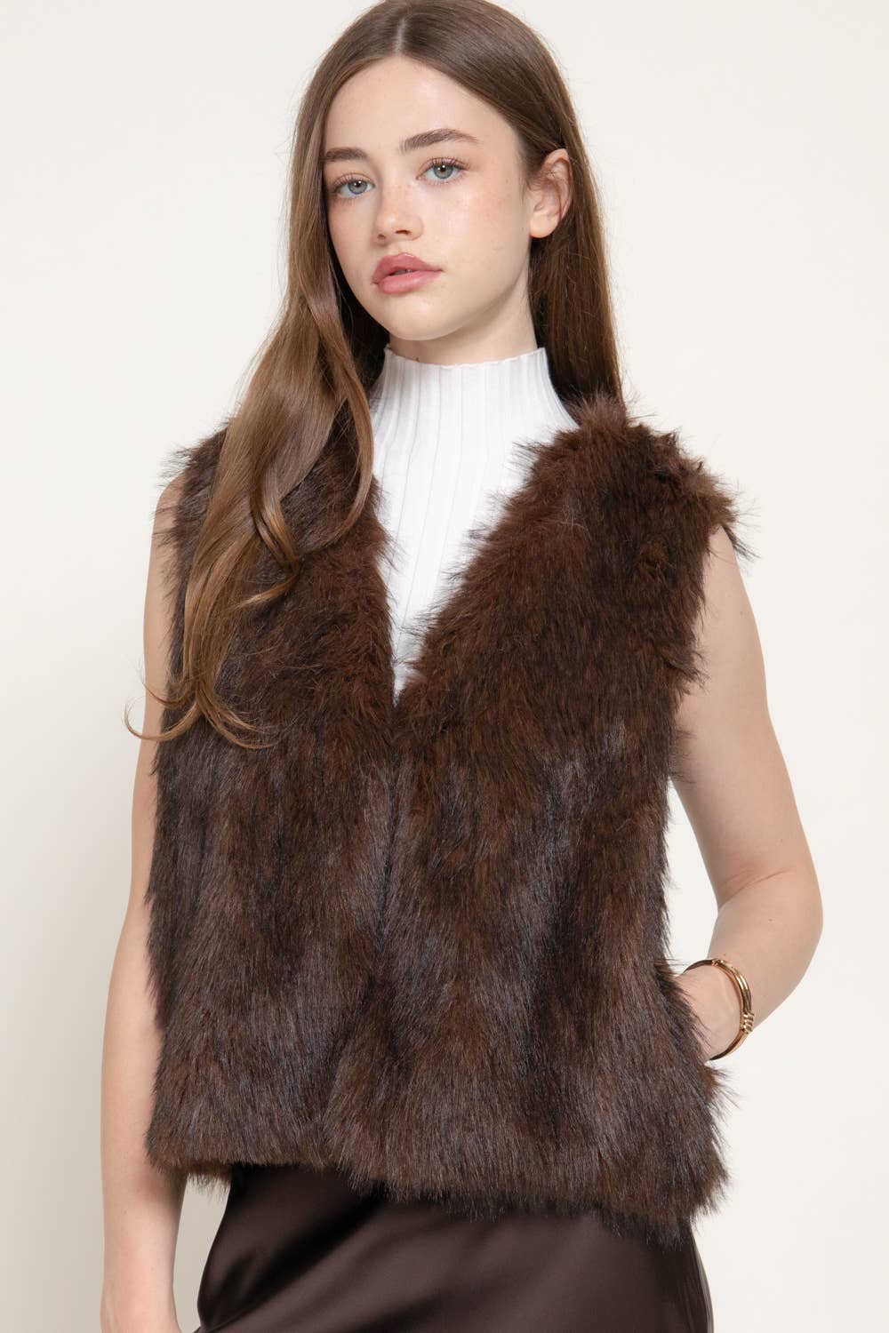 Brown V-Neck Two Tone Faux Fur Vest