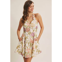 Natural Multi Gently Flared Hem Button Down Floral Halter Neck Mini Dress