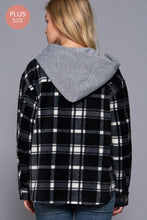 Black Ivory Plus Long Slv Plaid Button Down Hoodie Fleece Jacket
