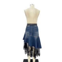 Blue Asymmetrical Denim & Lace Skirt with Belt