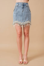 Medium Wash Stretch Denim Embellished Pearl Fringe Mini Skirt