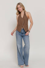 Cocoa Studded Cotton Twill Halter Neck Top