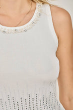 White Glam Pearl & Rhinestone Embellished Ribbed Tank Top