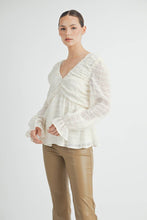 Ivory Sheer Textured V-Neck Blouse with Back Ribbon