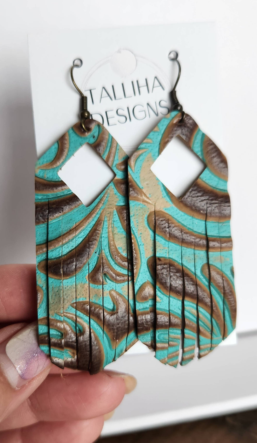 Turquoise Brown Genuine Leather Boho Western Fringe Earrings