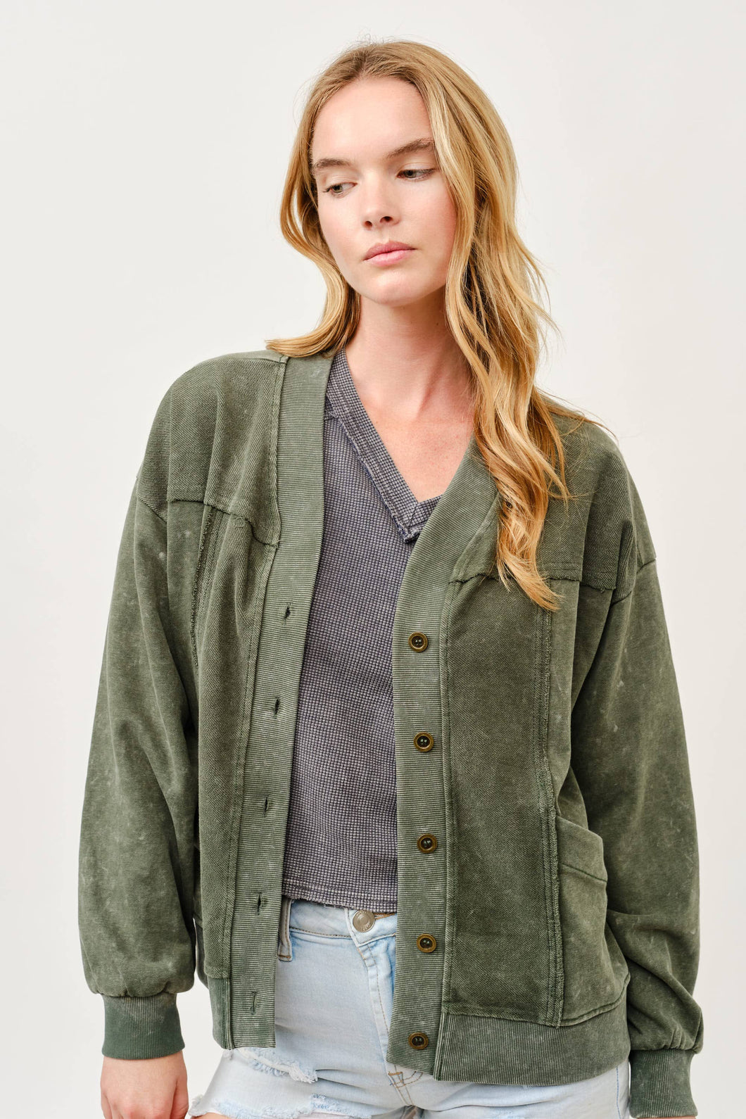 Green Washed Button-Front Cardigan Jacket with Pockets