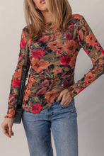 Floral Print Lettuce Trim Long Sleeve Mesh Top