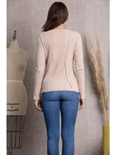 Stone Beige Ribbed Knit Button Down Long Sleeve Top