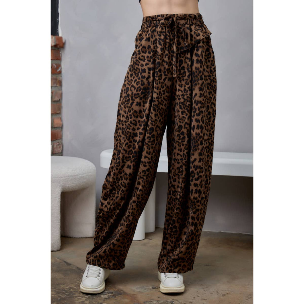 IP3629 High Waisted Self-Tie Belted Wide Leg Bubble Joggers: Brown / L