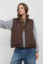 Dark Brown Plaid Collar Quilted Zip Up Vest