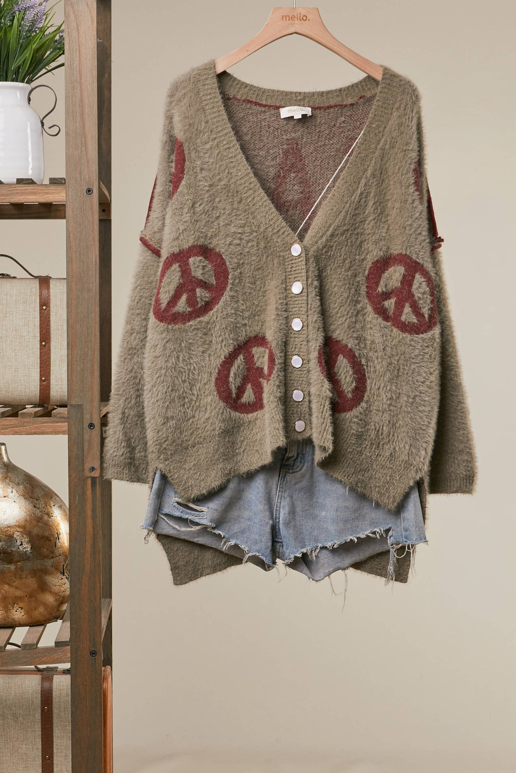 Olive Vintage Peace Oversized Cardigan