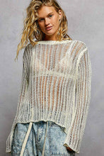 Off White Round Neck Open-Knit Long Sleeve Thin Sweater POL Top