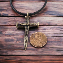 Large Rugged Antique Brass Nail Cross Pendant Necklace