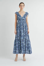 Blue Ruffle Tiered V-neck Maxi Dress