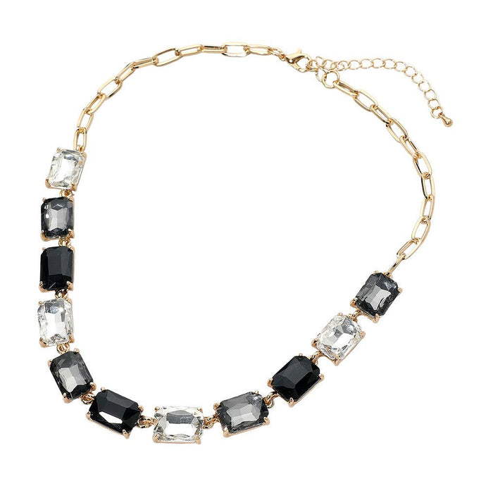 Black Multi Cushion Rectangular Stone Cluster Link Evening Necklace