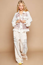 POL Taupe Long balloon sleeve flower detail button down shirt