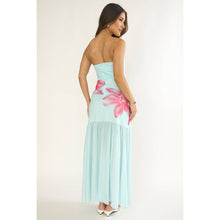 Blue Strapless Floral Open Back Maxi Dress