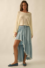 Light Chambray Tencel Denim High-Low Tiered Ruffle Maxi Skirt