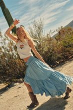 Light Chambray Tencel Denim High-Low Tiered Ruffle Maxi Skirt