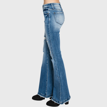 Distressed Mid Rise Stretch Flare Trouser Hem Pants