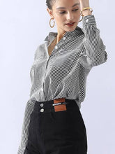 Black White Striped Button Down Long Sleeve Collared Shirts