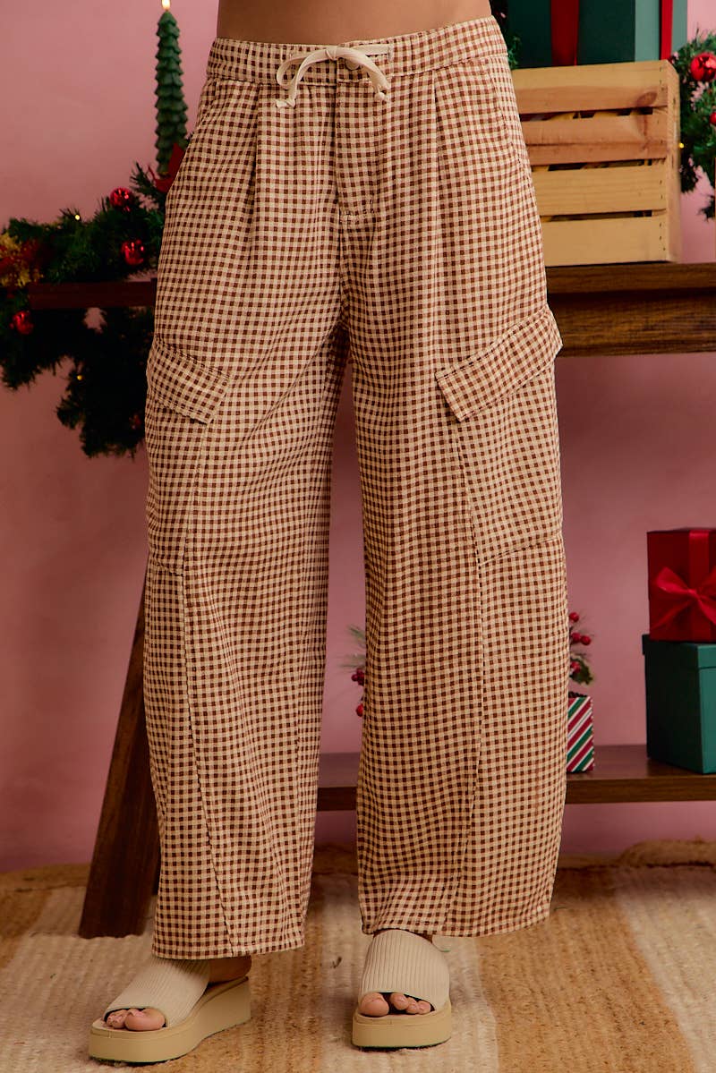Brown Check Barrel Pants with Cargo Pockets
