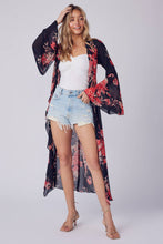 Black Coral Floral Ruffle Kimono