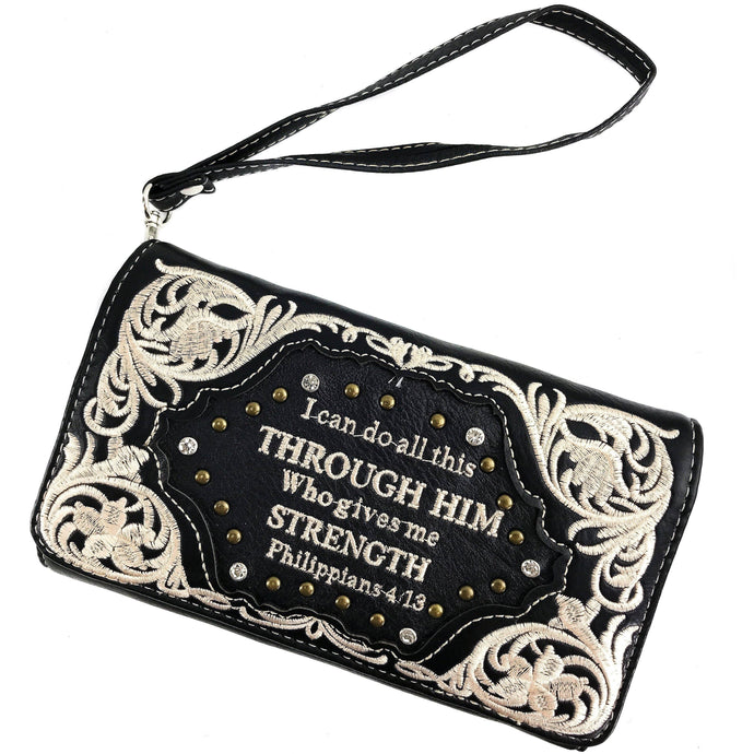Bible Verse Philippians 4:13 Embroidery Crossbody Wallet: Black