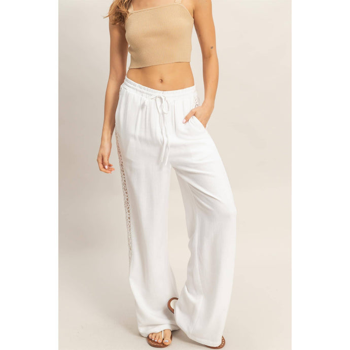 White Lace Trim Wide Leg Pants