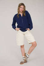 Navy Washed Ribbed Long Sleeve Henley Knit Top
