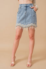 Medium Wash Stretch Denim Embellished Pearl Fringe Mini Skirt
