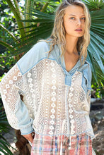 Denim Collared contrast ribbed panel lace crochet chest pocket POL top