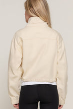 Beige Long Sleeve High Neck Zip Up Short Twill Jacket