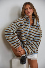 Blue Brown Relaxed Sherpa Striped Half Zip Pullover
