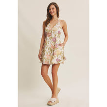 Natural Multi Gently Flared Hem Button Down Floral Halter Neck Mini Dress