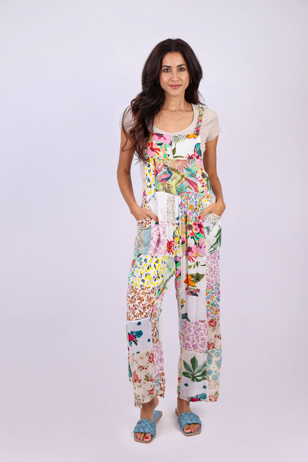 White Floral Umbrella Overalls in Upcycled Patchwork