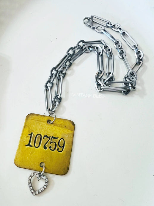 Vintage Brass Locker Tag Silver Block Chain Necklace