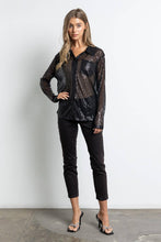 Black Sequined Button Down Long Sleeve Mesh Blouse Shirt