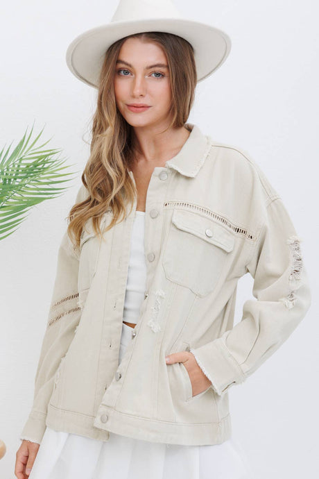 Beige Washed Trim Detail Snap Up Twill Distressed Jacket
