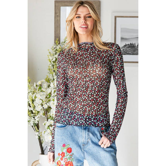Black Floral Mesh Merrow Hem Knit Oli+Hali Top