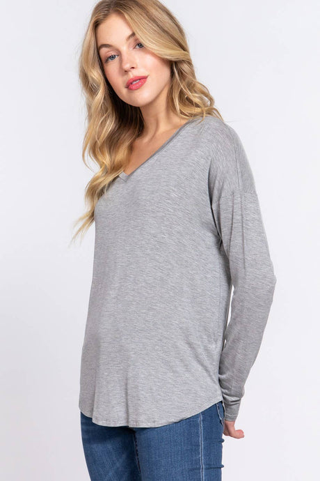 Heather Grey Long Dolman Sleeve V-neck Rayon Span Jersey Top